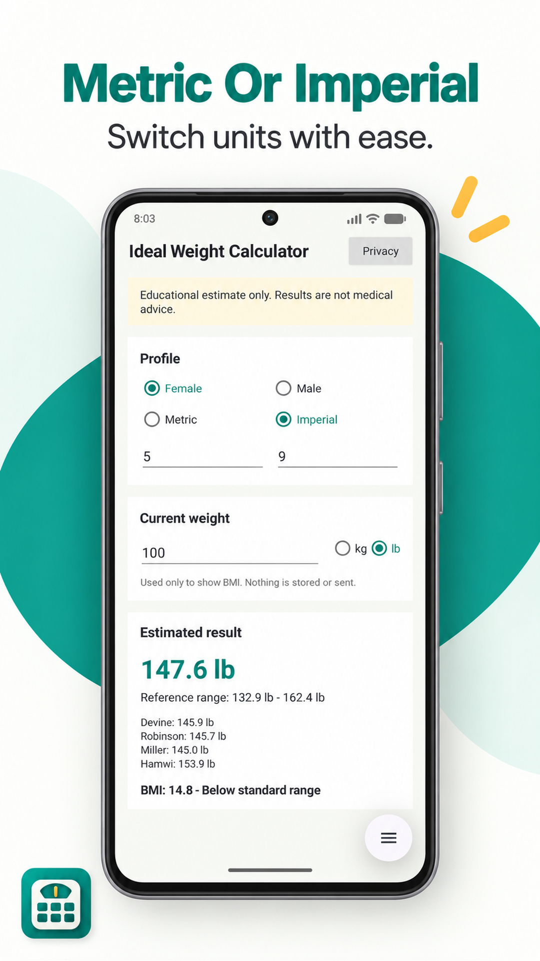 Calculator result screen with privacy-focused app presentation